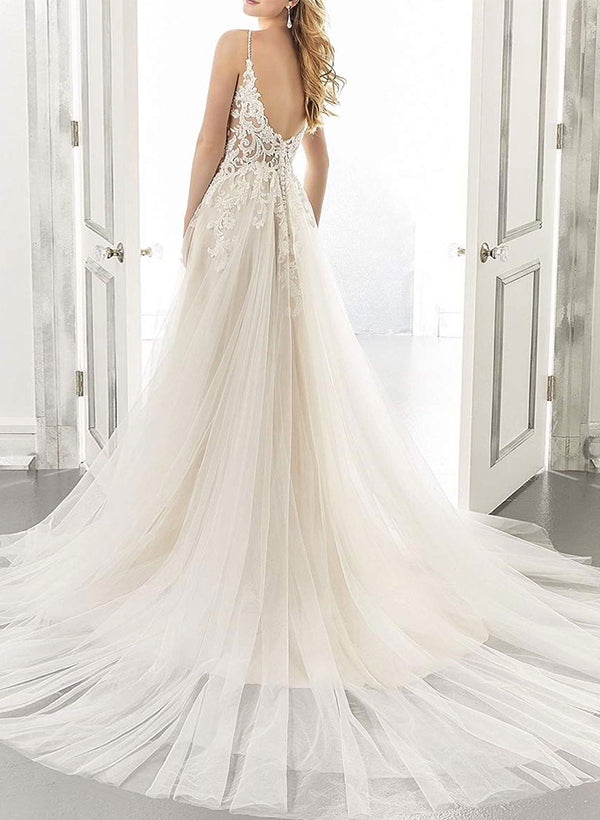 Boho A Line Sweetheart Sleeveless Tulle Wedding Dress With Appliques Lace