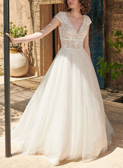 Boho A Line V Neck Open Back Short Sleeves Lace Tulle Wedding Dress