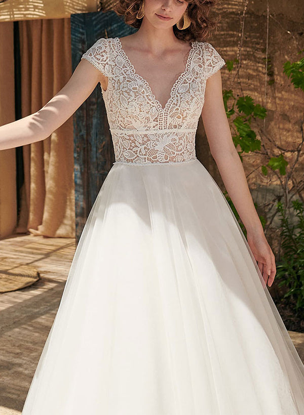 Dressystars Women Wedding Dress Boho A Line V Neck Open Back Short Sleeves  Lace Tulle Bridal Dress