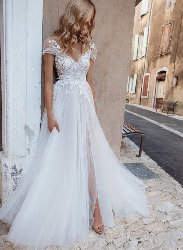 Boho A Line V Neck Short Sleeves Lace and Tulle Wedding Dress With Front Split