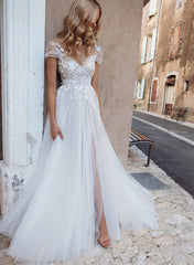 Boho A Line V Neck Short Sleeves Lace and Tulle Wedding Dress With Front Split