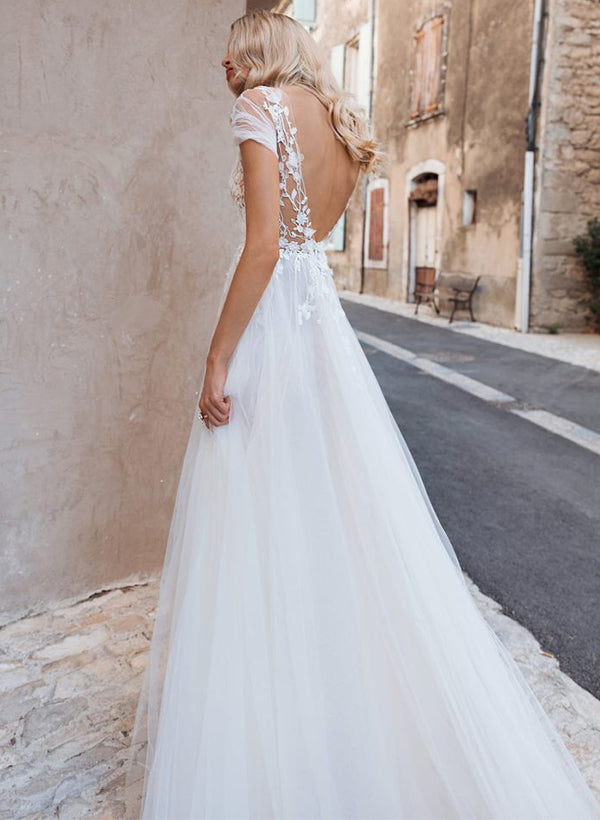 Boho A Line V Neck Short Sleeves Lace and Tulle Wedding Dress With Front Split