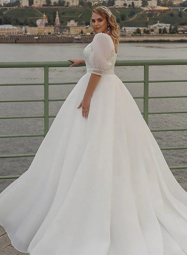 Boho Ball Gown V Neck Organza Wedding Dress With Lace Appliques Sleeves