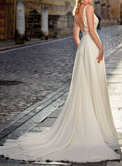 Boho Lace A Line Open Back Wedding Dress