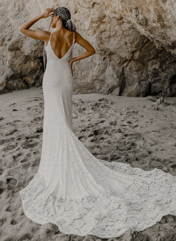 Boho Lace Open Back Mermaid Wedding Dress With Court Train