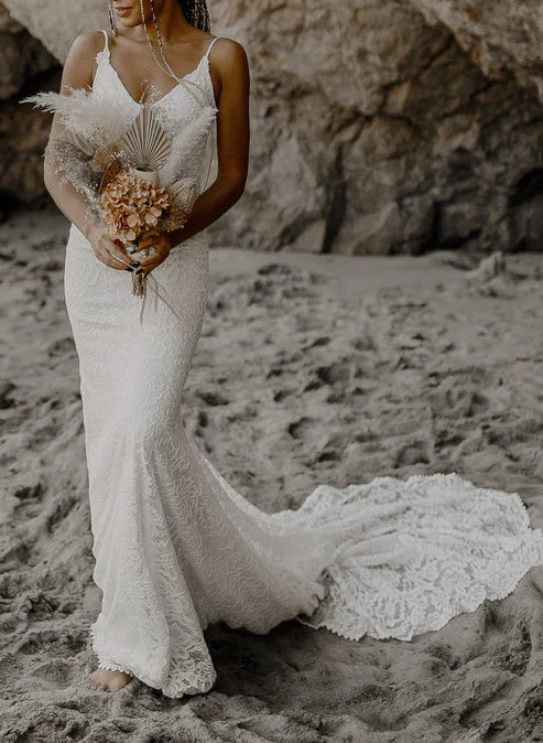 Boho Lace Open Back Mermaid Wedding Dress With Court Train