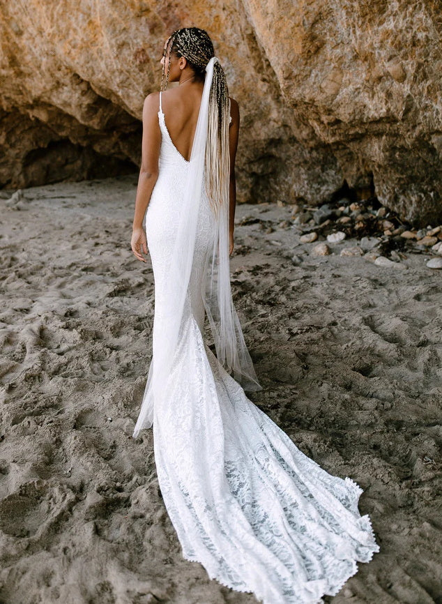 Boho Lace Open Back Mermaid Wedding Dress With Court Train