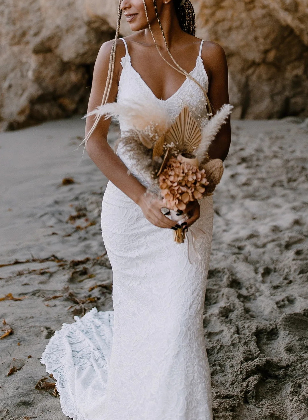 Boho Lace Open Back Mermaid Wedding Dress With Court Train