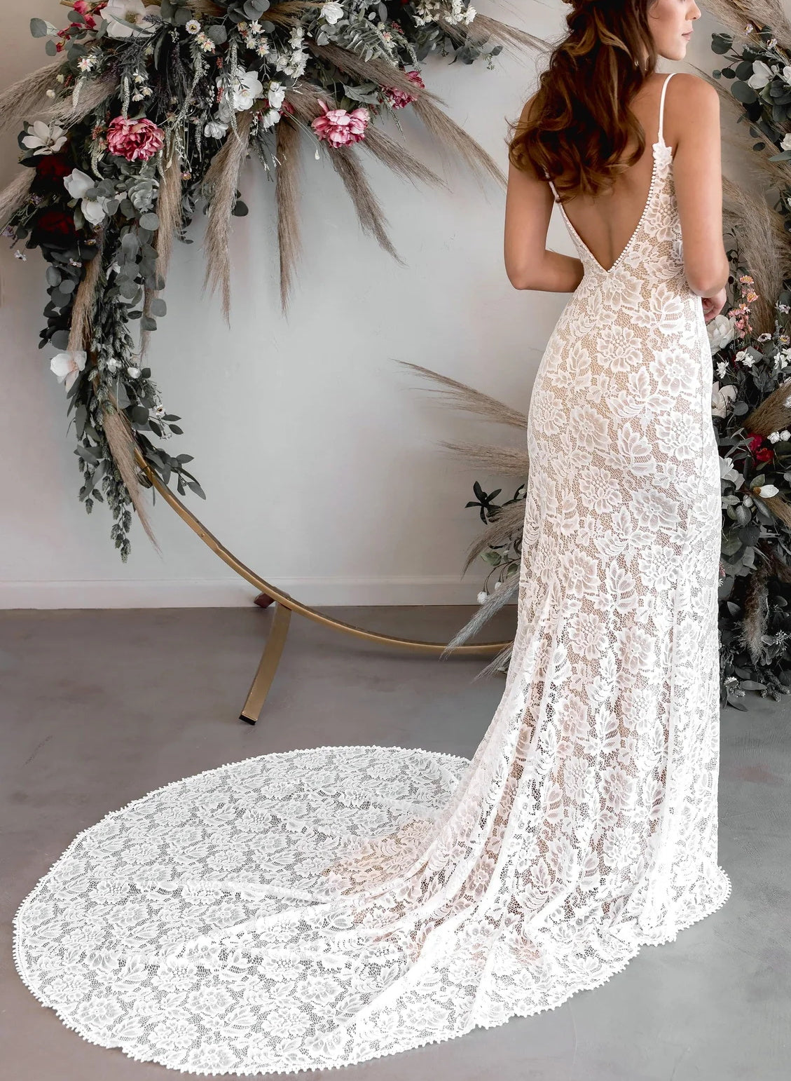 Boho Lace Open Back Mermaid Wedding Dress With Court Train