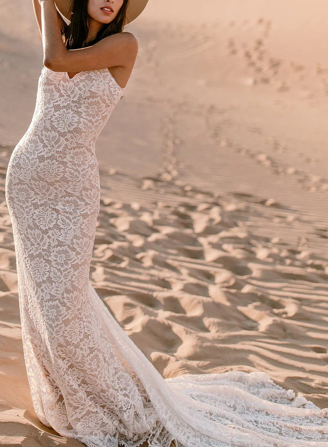 Boho Lace Open Back Mermaid Wedding Dress With Court Train