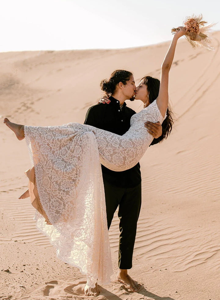 Boho Lace Open Back Mermaid Wedding Dress With Court Train