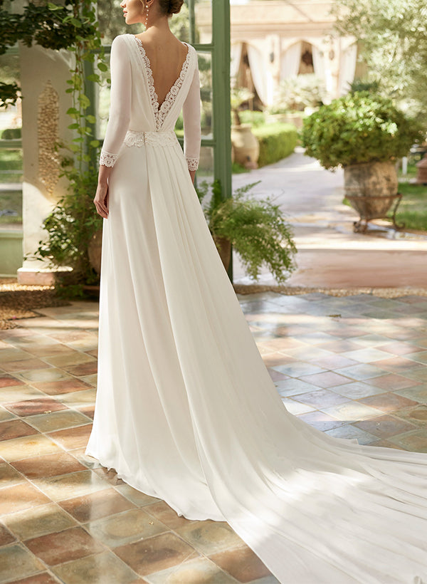 Boho Lace Square Neckline A Line Wedding Dress