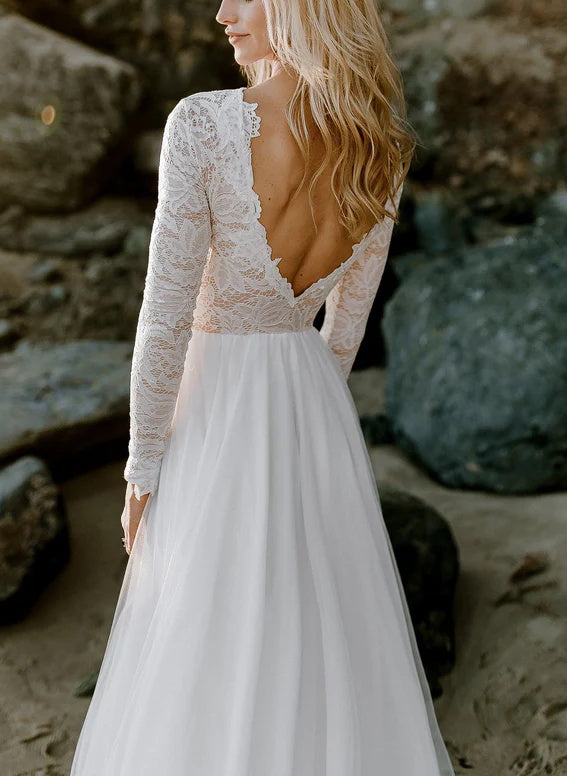 Boho Lace Tulle A Line Wedding Dress Long Sleeves