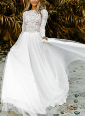 Boho Lace Tulle A Line Wedding Dress Long Sleeves