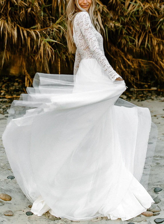 Boho Lace Tulle A Line Wedding Dress Long Sleeves