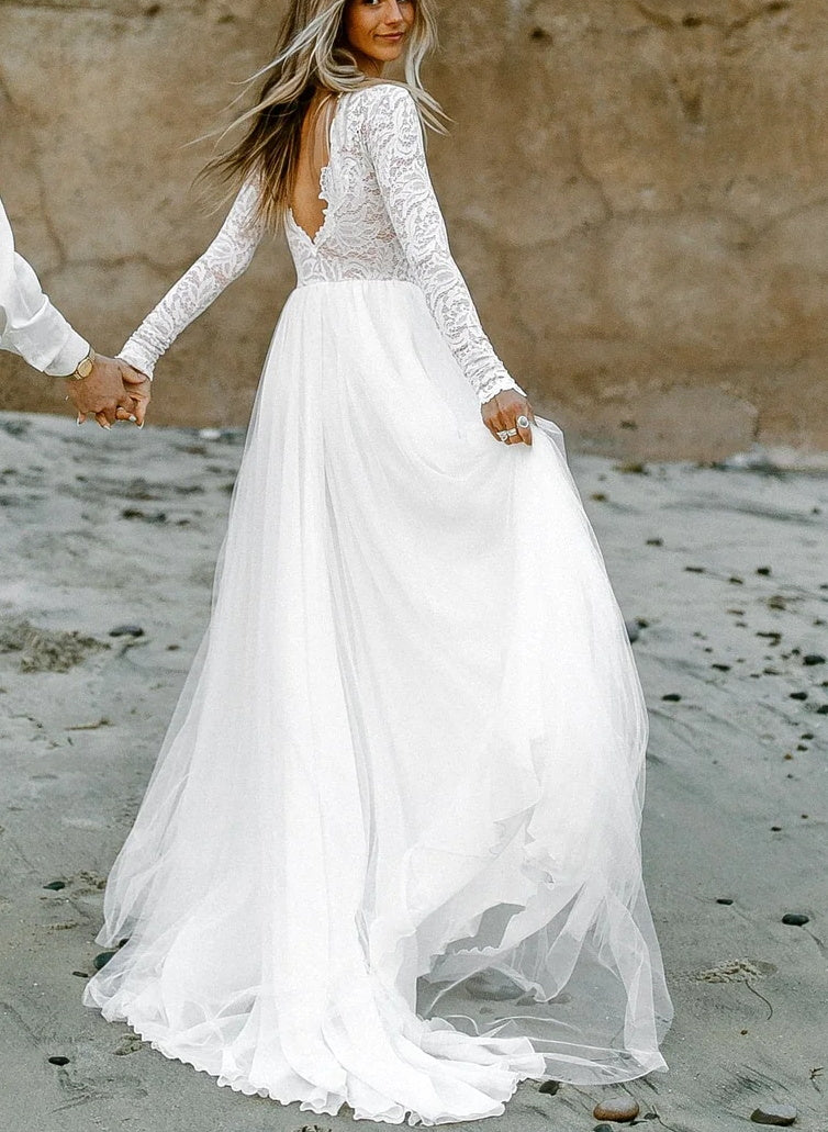 Boho Lace Tulle A Line Wedding Dress Long Sleeves