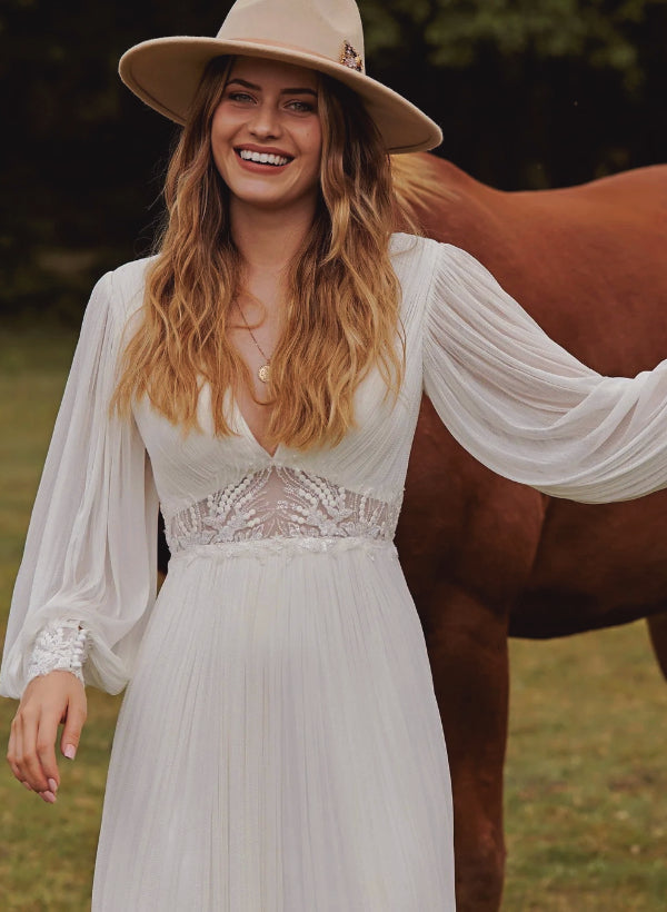 Boho Lace Wedding Dress with V Neck and Long Sleeves