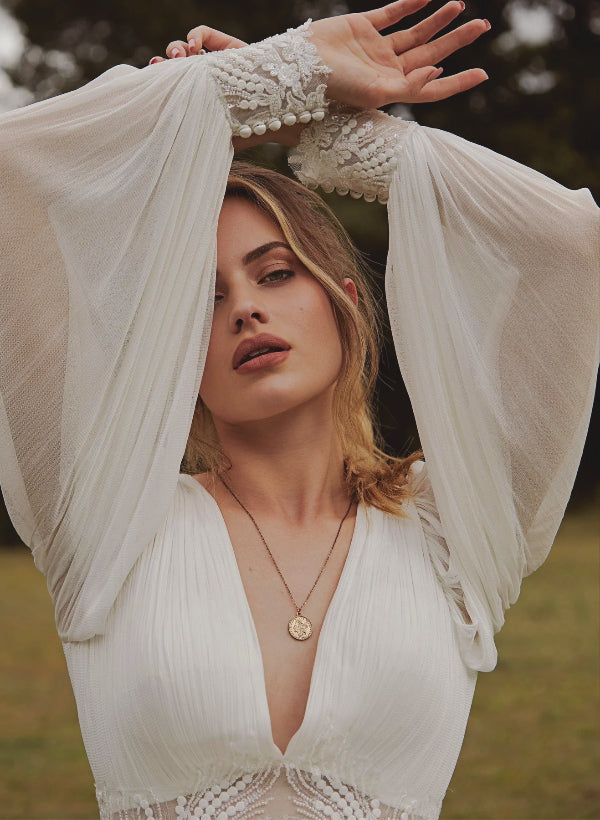 Boho Lace Wedding Dress with V Neck and Long Sleeves