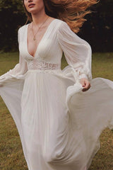 Boho Lace Wedding Dress with V Neck and Long Sleeves