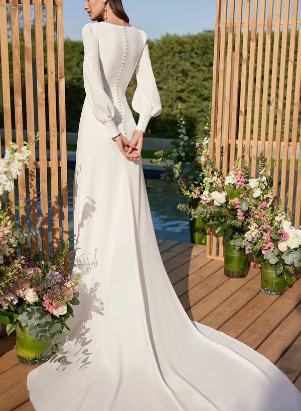Boho Square Neckline Wedding Dress With Long Sleeves and Chiffon Court Train
