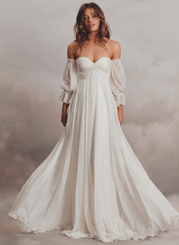 Boho Wedding Dress: Off the Shoulder Long Sleeves with Chiffon Sweep Train