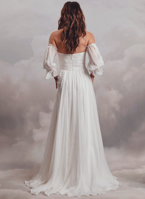 Boho Wedding Dress: Off the Shoulder Long Sleeves with Chiffon Sweep Train