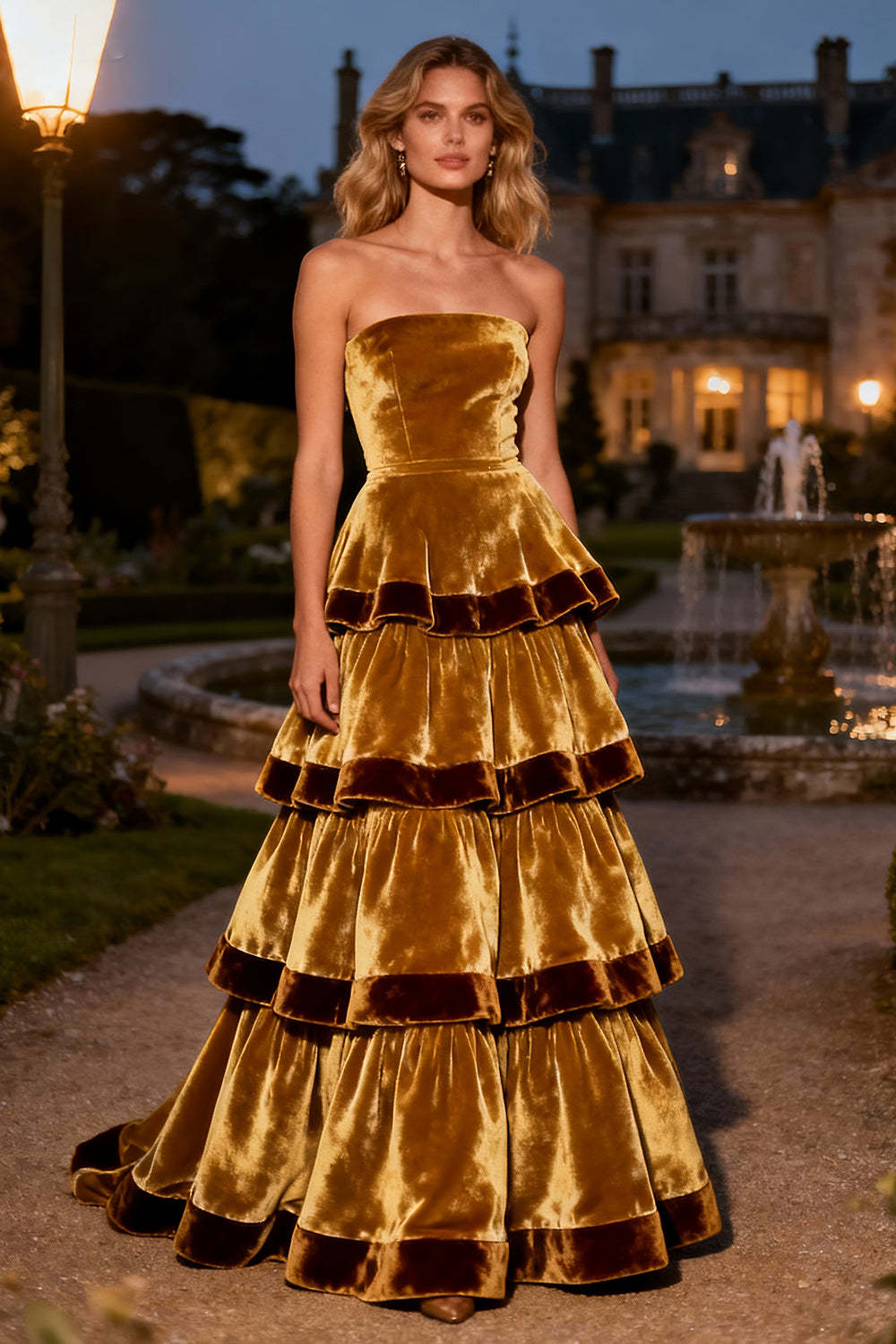 Dressystars Brown A-Line Strapless Tiered Long Velvet Holiday Party Dress