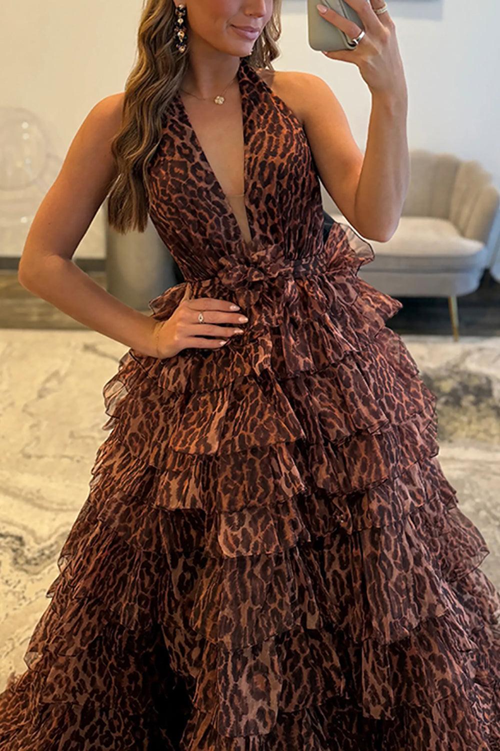 Brown Leopard Prom Dress Ball Gown Halter Tiered Ruffled Long Formal Dress