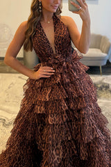 Brown Leopard Prom Dress Ball Gown Halter Tiered Ruffled Long Formal Dress