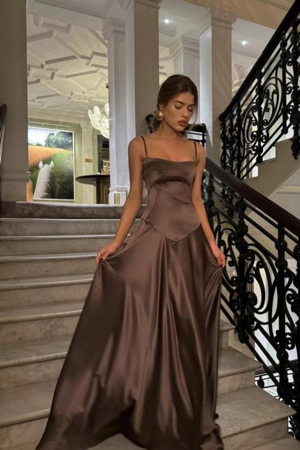Dressystars Brown Luxe Silk-Look Long Evening Dress With Fitted Bodice Formal Evening Gown