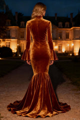 Dressystars Brown Mermaid High Neck Long Velvet Holiday Party Dress With Slit