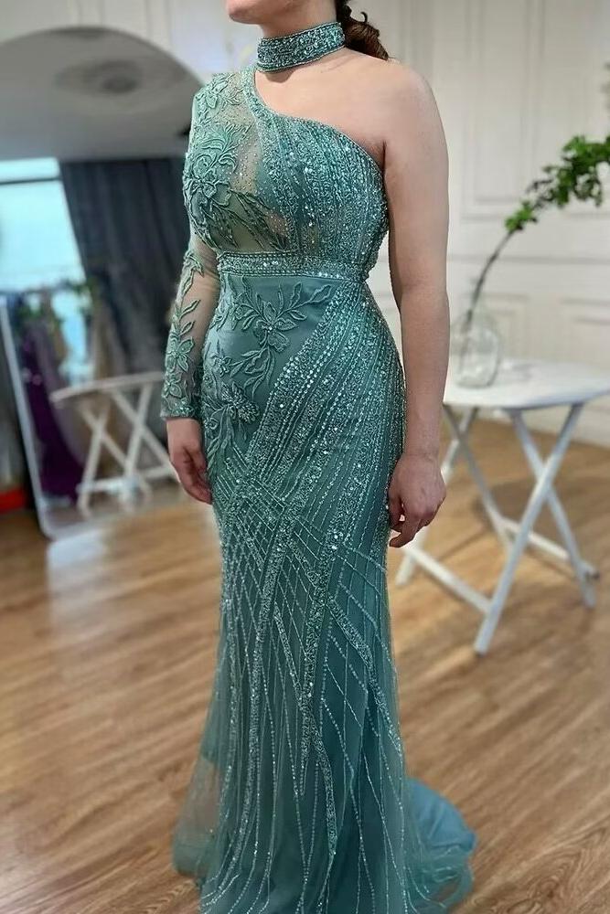 Brown Mermaid Prom Dress Long Sleeve Halter Neck Formal Dress With Lace Appliques