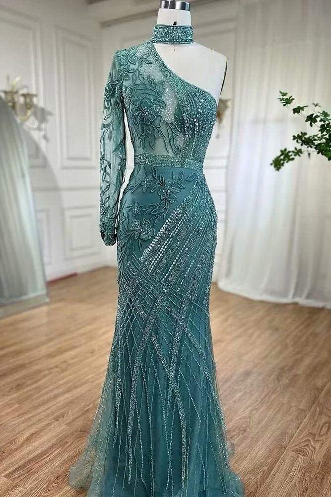 Brown Mermaid Prom Dress Long Sleeve Halter Neck Formal Dress With Lace Appliques