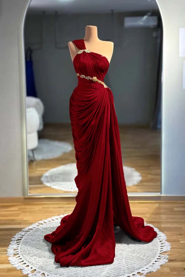 Brown Mermaid Prom Dress Sleeveless One Shoulder Formal Dress With Beadings and Rhinestones