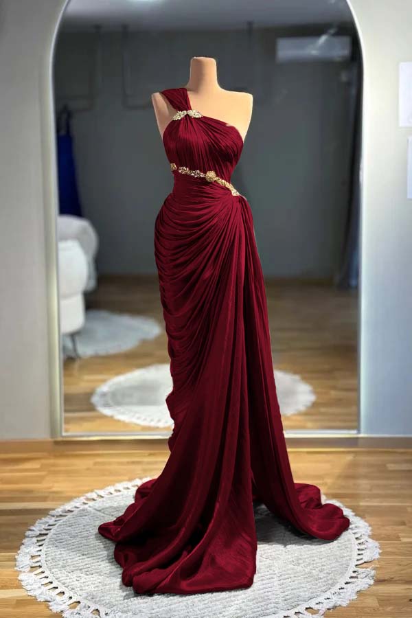 Brown Mermaid Prom Dress Sleeveless One Shoulder Formal Dress With Beadings and Rhinestones