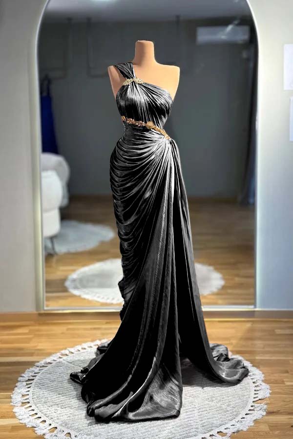 Brown Mermaid Prom Dress Sleeveless One Shoulder Formal Dress With Beadings and Rhinestones