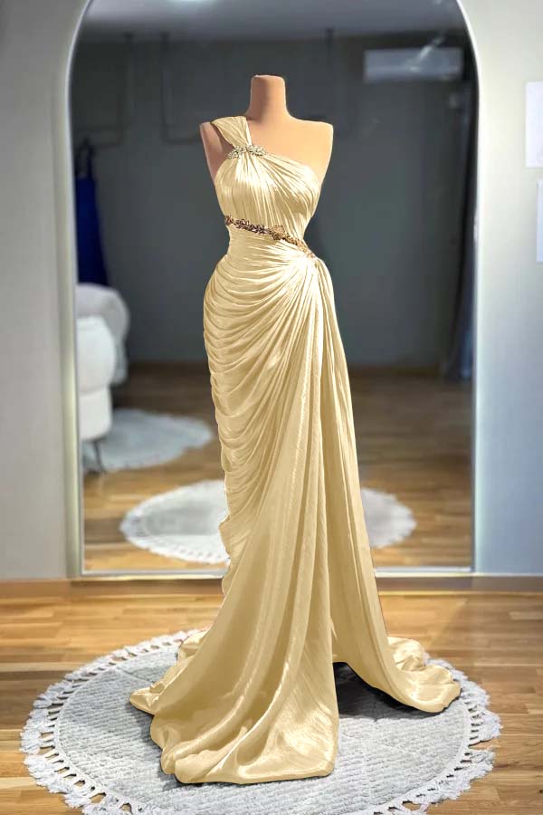 Brown Mermaid Prom Dress Sleeveless One Shoulder Formal Dress With Beadings and Rhinestones