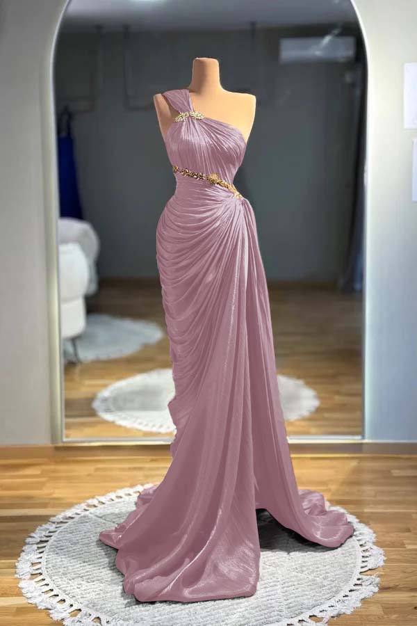 Brown Mermaid Prom Dress Sleeveless One Shoulder Formal Dress With Beadings and Rhinestones