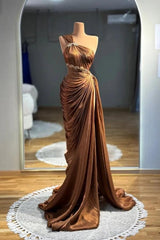 Brown Mermaid Prom Dress Sleeveless One Shoulder Formal Dress With Beadings and Rhinestones