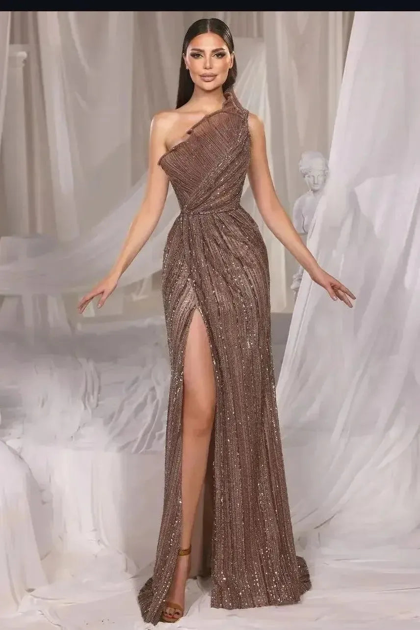 Brown Mermaid Prom Dress Sleeveless One Shoulder Formal Dress With Sequins