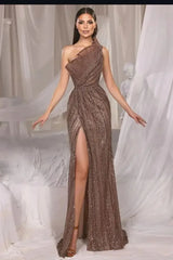Brown Mermaid Prom Dress Sleeveless One Shoulder Formal Dress With Sequins