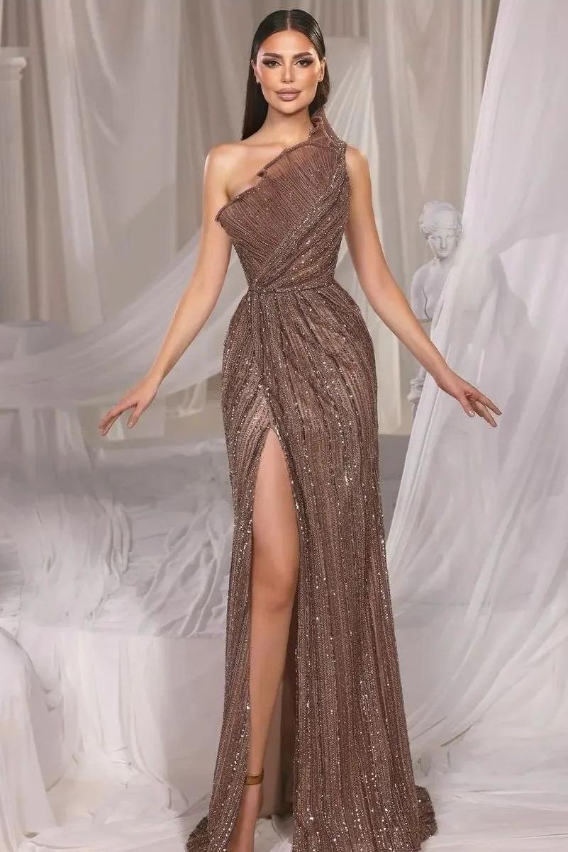 Brown Mermaid Prom Dress Sleeveless One Shoulder Formal Dress With Sequins