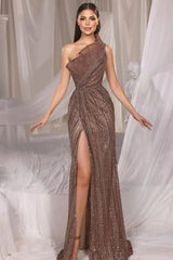 Brown Mermaid Prom Dress Sleeveless One Shoulder Formal Dress With Sequins
