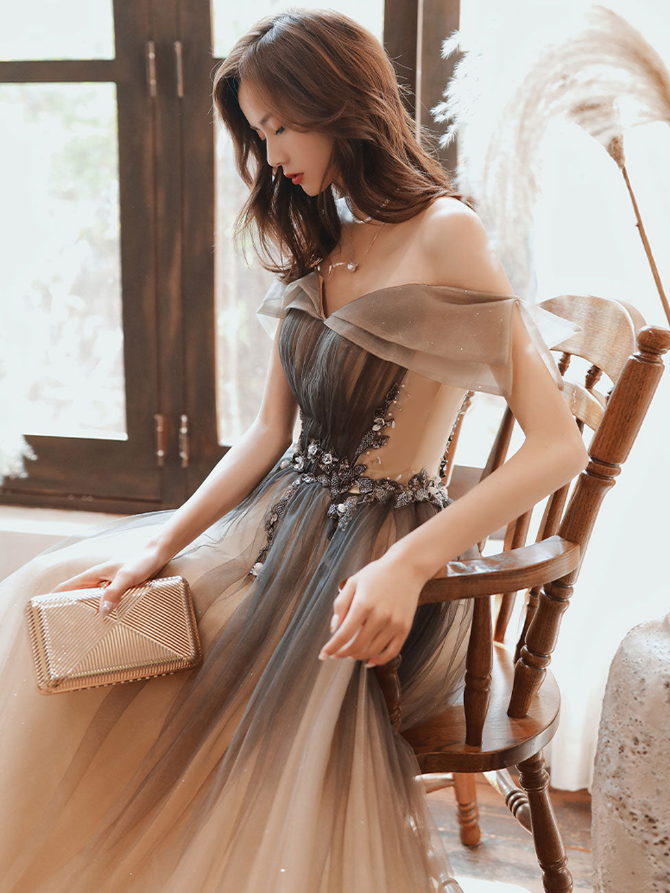 Brown Prom Dress Long A Line Off the Shoulder Formal Graduation Dress Evening Dress