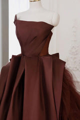 Brown Satin Tulle Long Prom Gown Formal Evening Dress