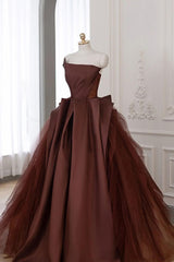 Brown Satin Tulle Long Prom Gown Formal Evening Dress