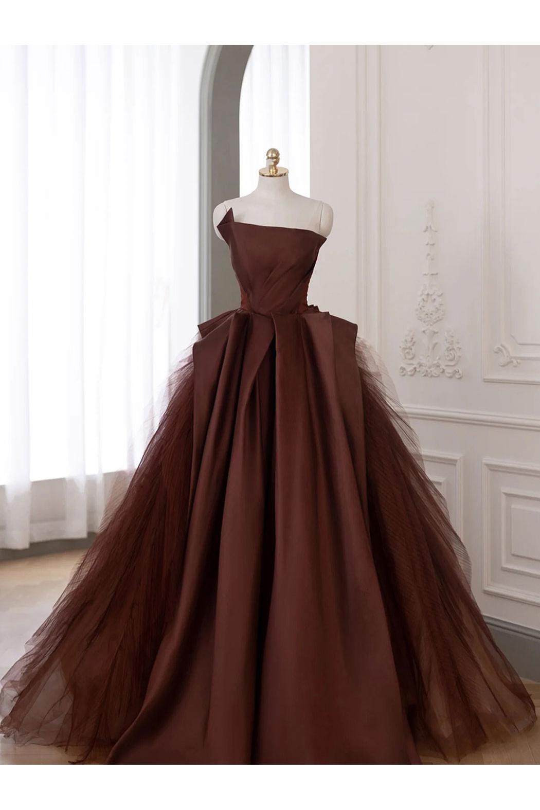 Brown Satin Tulle Long Prom Gown Formal Evening Dress