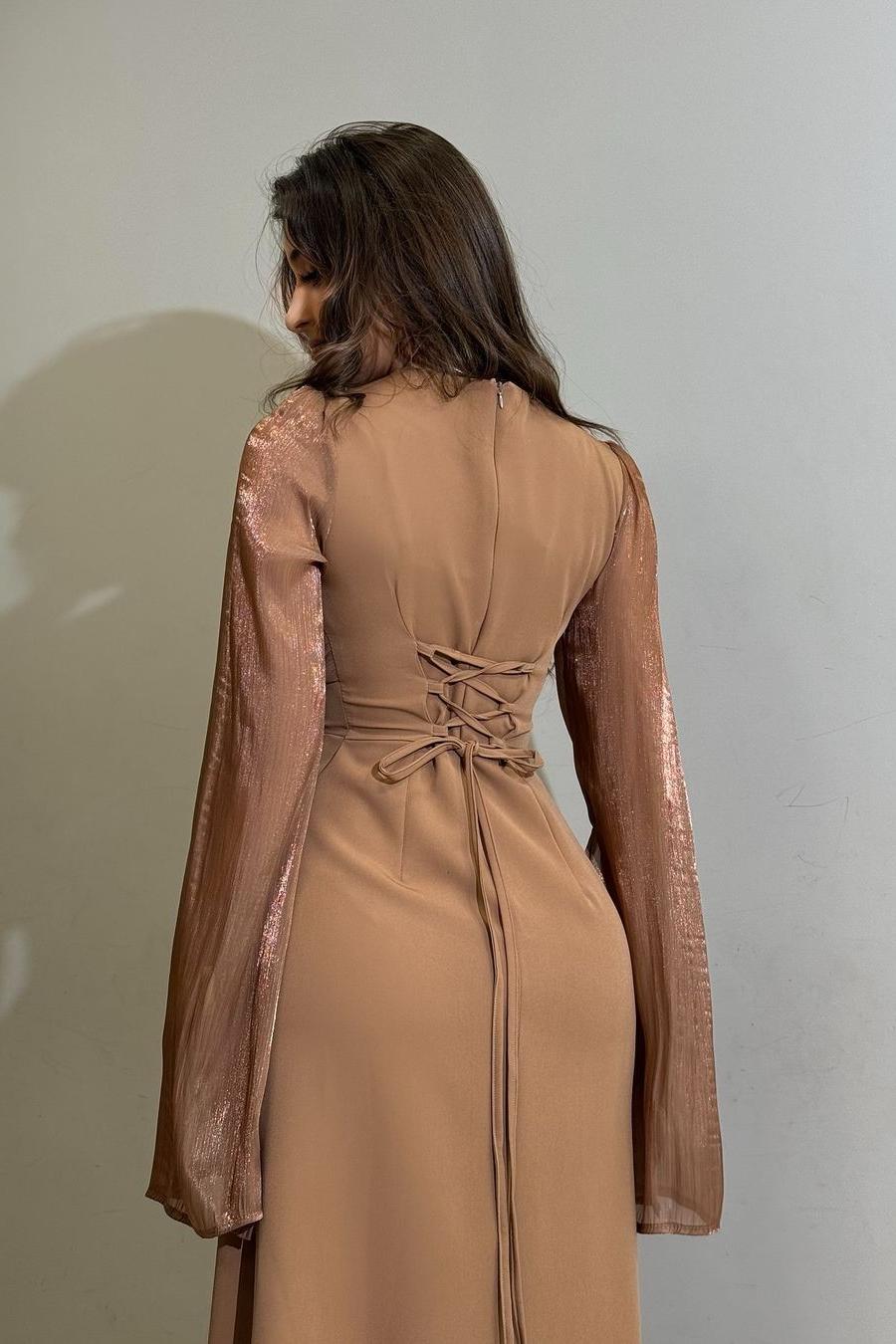Brown Sheath/Column Prom Dress Long Sleeve Crew Neck Satin Formal Dress