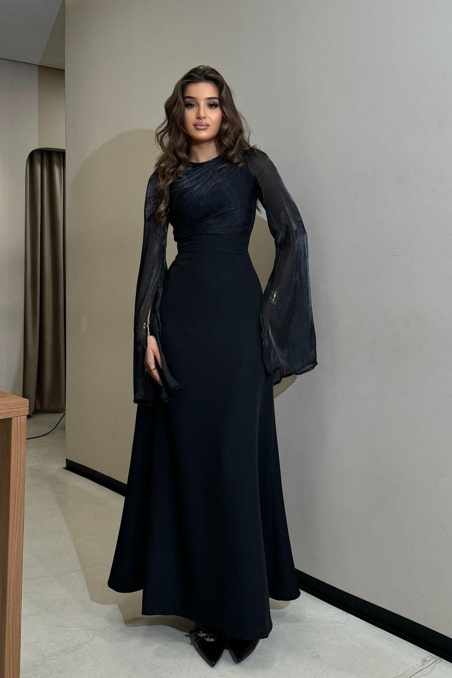 Brown Sheath/Column Prom Dress Long Sleeve Crew Neck Satin Formal Dress