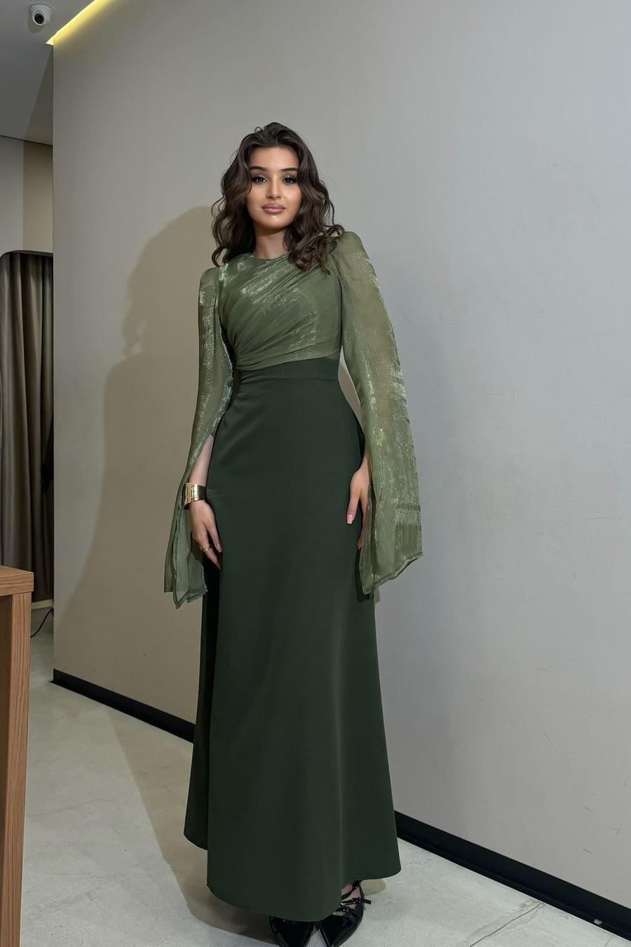 Brown Sheath/Column Prom Dress Long Sleeve Crew Neck Satin Formal Dress